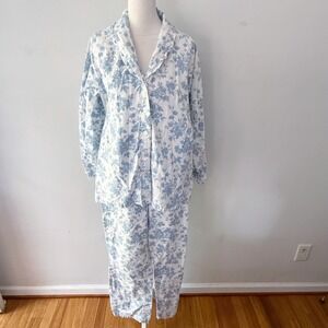 Ella Simone Pajama Set Women Medium Blue Floral Flannel 100% Cotton Sleepwear